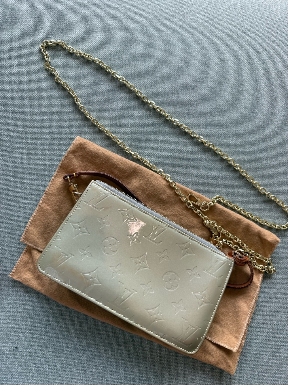 Louis Vuitton Cream Vernis Monogram Pochette Shoulder Bag with Brown Strap - Picture 5 of 5